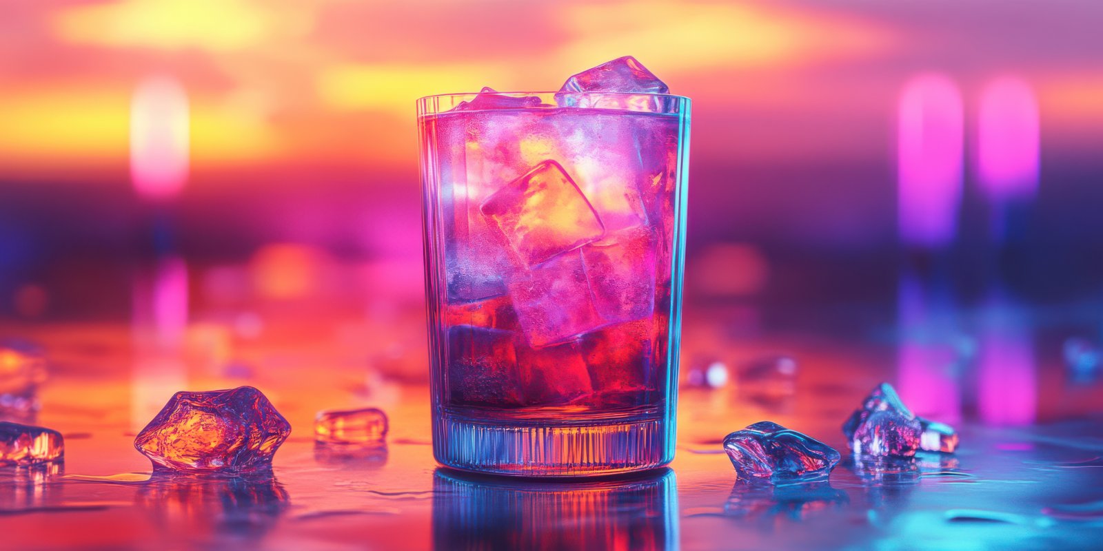 Colorful cocktail with ice on a reflective surface during sunset glow